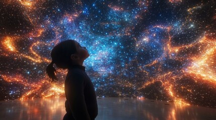 Obraz premium A young child marvels at a planetarium filled with twinkling stars. 