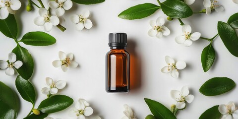 Product photography showcasing neroli essential oil against a white backdrop.