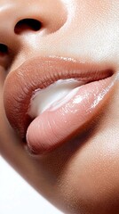Fototapeta premium A photo of a woman's close-up lips with generous white cream applied and her tongue extended
