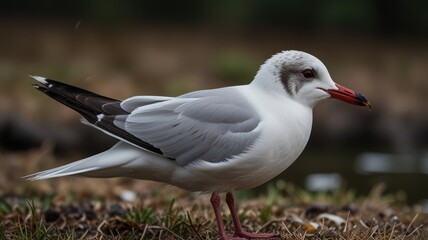 Obraz premium A close-up of a white and gray seagull with a black and white tail, standing on dry grass with a blurred background.