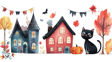 Charming watercolor illustration of Halloween houses with a black cat.