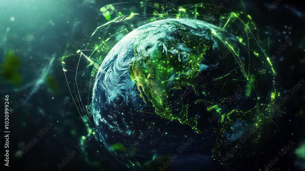Poster a glowing green network of lines and dots enveloping a 3d rendering of the earth with a bright light