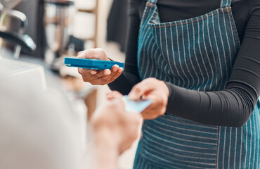 Purchase, cafe and hands with card, payment and customer in small business, credit and waiter in retail. Technology, digital and machine for transaction, store and people in shop, sales and buy