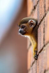 Obraz premium A Curious Monkey Peers From Behind a Brick Wall in a Lively Urban Environment at Midday