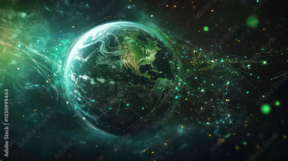 Poster a stylized image of the earth, with a glowing green network of lines and dots radiating from it, rep