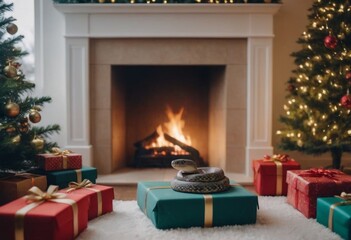 Fototapeta premium Christmas presents and fireplace in living room at home. Winter holidays concept.