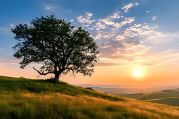 Obraz premium Lone tree on a grassy hill at sunset