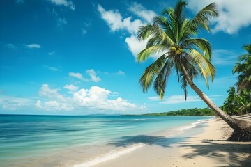 Palm tree leaning over tropical sandy beach with calm ocean waves and clear blue sky. Seaside landscape. Summer vacation and travel concept. Design for wallpaper, poster, and banner