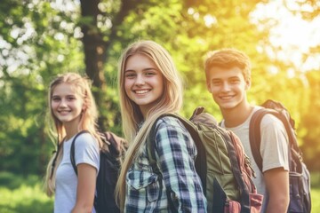 Fototapeta premium Smiling Hikers Exploring the Lush Green Forest Outdoors