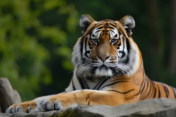 Obraz premium Majestic Tiger Resting on Rock in Forest 
