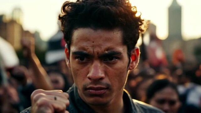 A young man with dark, stands at the center of a bustling city protest. He raises his fist in solidarity, his expression a mix of anger and resolve. The background is a blur of other protesters