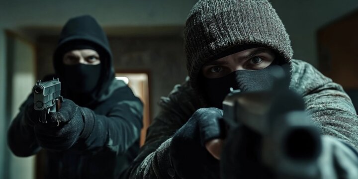 Armed thieves in masks are gearing up for a bank robbery.