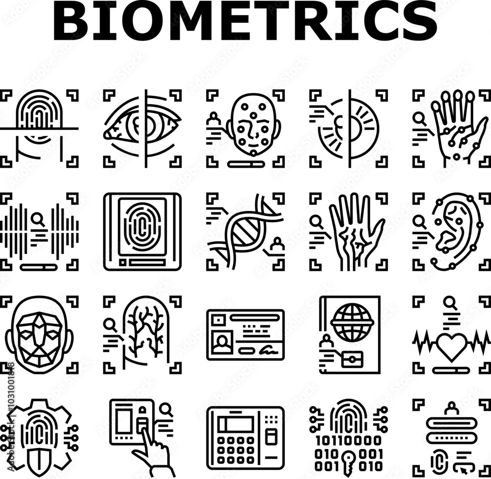 Poster biometric fingerprint id finger icons set vector. identity scan, access verification digital recogni