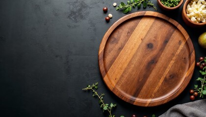 Fototapeta premium Wooden Serving Board Surrounded by Fresh Ingredients on a Dark Surface
