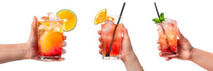 Set of different cocktails in hands on transparent background. Orange and strawberry cocktails in men's hands close-up.