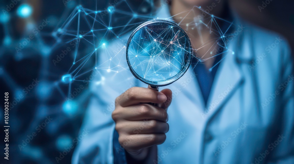 Poster a scientist holds a magnifying glass over a network of glowing lines and points, representing the in