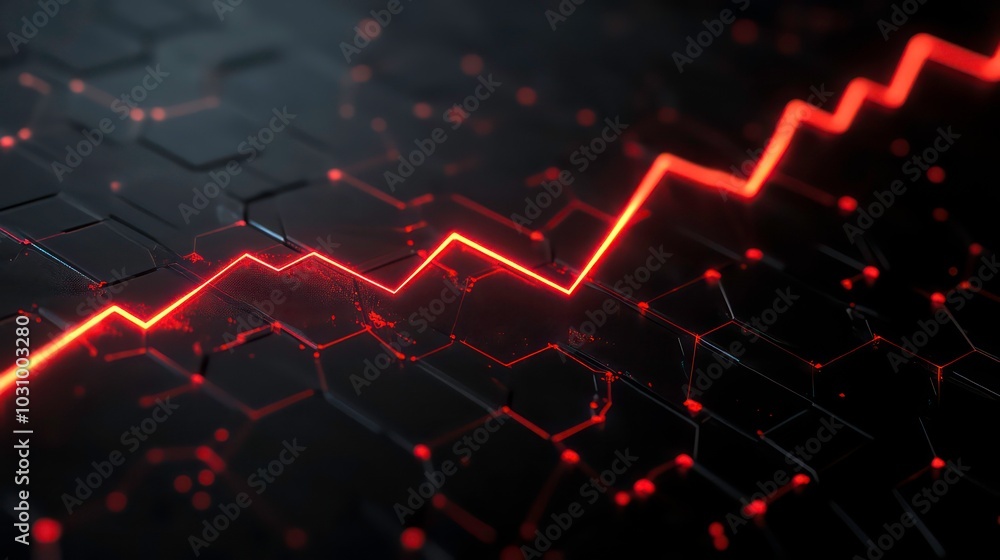 Poster abstract red line graph on a black hexagonal grid.