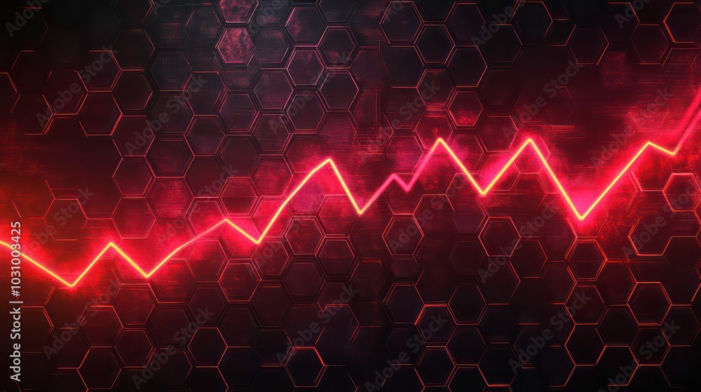 Poster abstract glowing red line chart on hexagonal background.