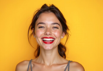 Close-up of smiling young woman with red lipstick, dark hair in loose ponytail, wearing grey strappy top, vibrant yellow background, soft frontal lighting, smooth skin, joyful expression