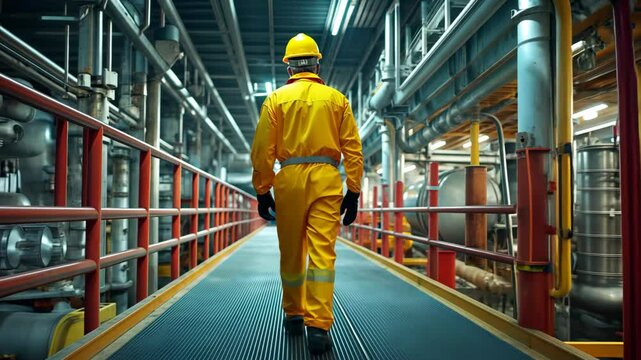 an engineer wearing yellow protective suit and safety cap and industrial factory full with metal pipes
