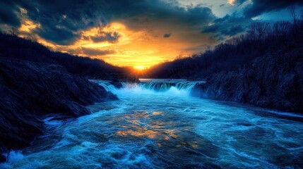 Fototapeta premium Great Falls. Stunning Sunset View of Rapids in the Potomac River at DC Gorge