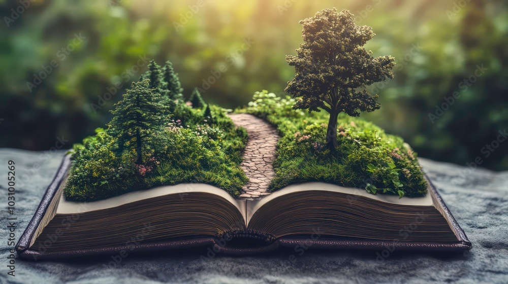 Poster a miniature forest and a winding path are depicted on an open book, symbolizing imagination, explora