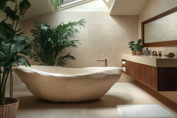 A biophilic bathroom featuring a freestanding stone bathtub, natural stone tiles, and large indoor plants. A skylight floods the space with light, creating a peaceful, spa-like atmosphere.