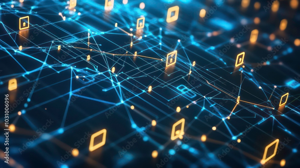 Poster abstract digital network with glowing nodes and connections, representing the internet and digital c