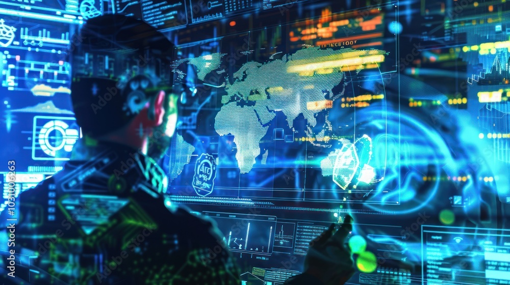 Aufkleber a person interacting with a digital world map and data displays