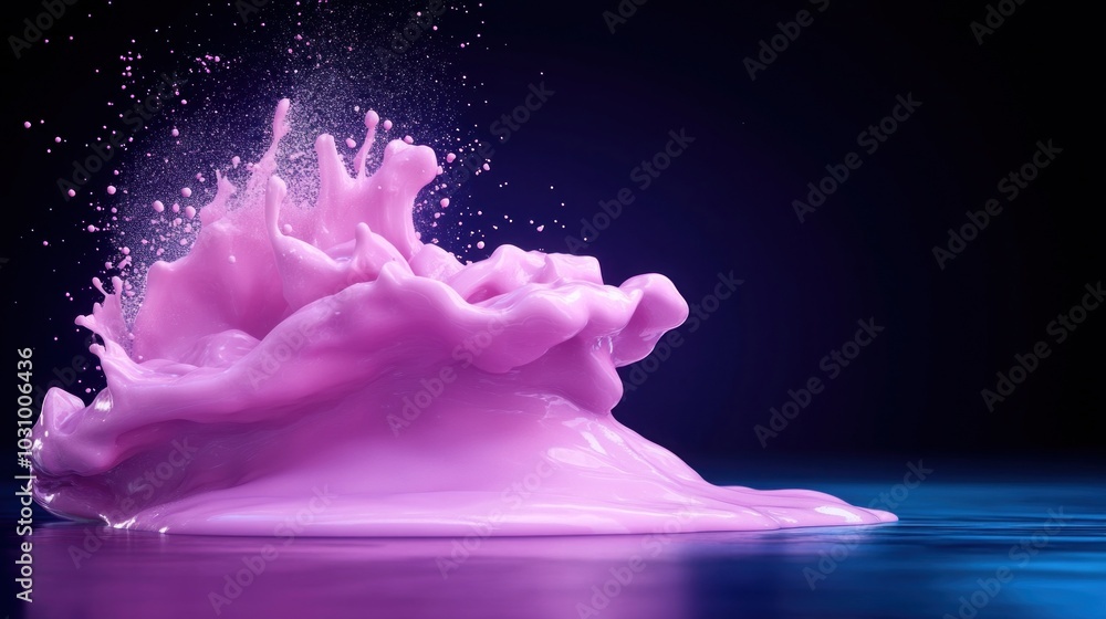 Poster splashes of vivid pink liquid erupt dramatically from a smooth surface, creating dynamic ripples and