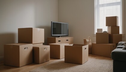 Moving boxes scattered in an empty room, representing the downsizing process. The image highlights the transition to a smaller, more manageable space and embraces a minimalist lifestyle