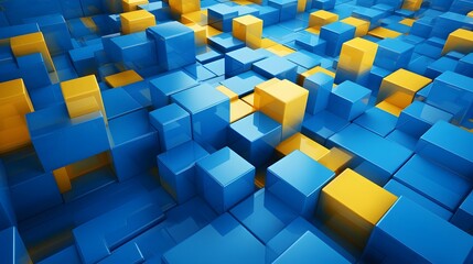 
3d rendering of blue and yellow abstract geometric background. Scene for advertising, technology, showcase, banner, game, sport, cosmetic, business, metaverse. Sci-Fi Illustration. Product display