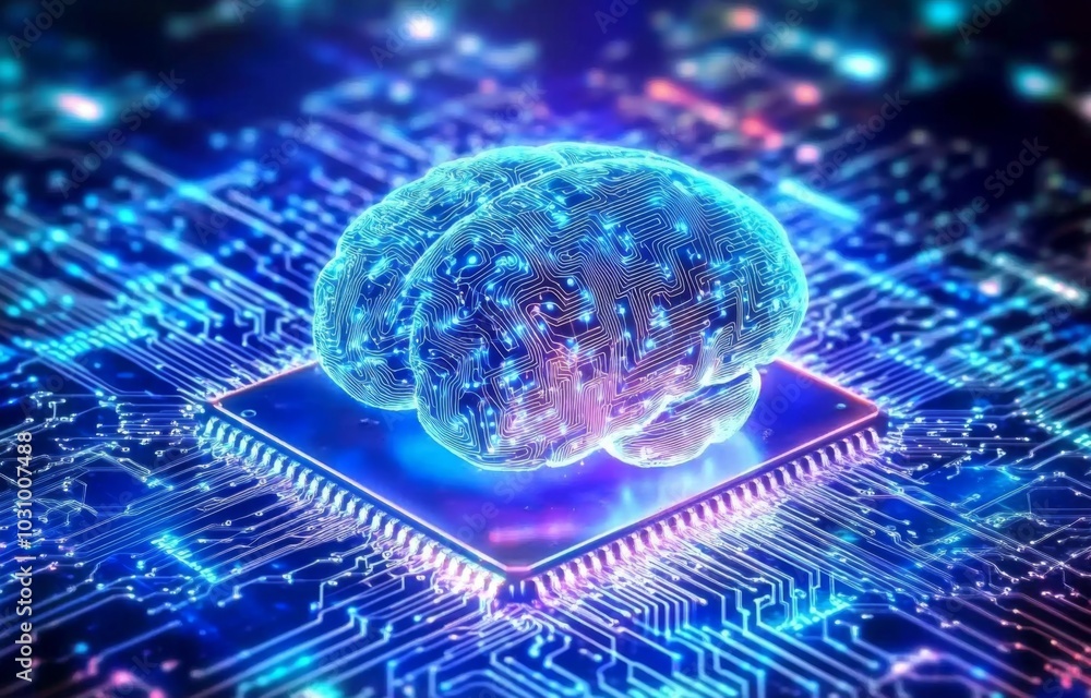 Poster the floating digital brain signifies the convergence of ai and electronic innovation.