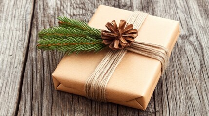 Fototapeta premium A rustic gift wrapped in brown paper, tied with twine and accented with evergreen branches and a pinecone, rests on a textured wooden surface, evoking a warm, natural feel
