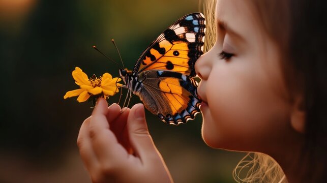 Fototapeta A child leans in to kiss a butterfly perched delicately on a flower, surrounded by the soft glow of a warm afternoon, capturing a moment of connection with nature