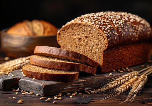 Whole grain bread loaf sliced on a wooden cutting board, topped with sesame seeds and surrounded by wheat stalks, representing wholesome nutrition and healthy eating - Powered by Adobe