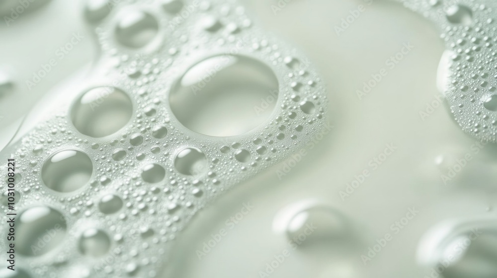 Poster bubbles of various sizes float on a smooth surface, catching and reflecting light in a serene enviro