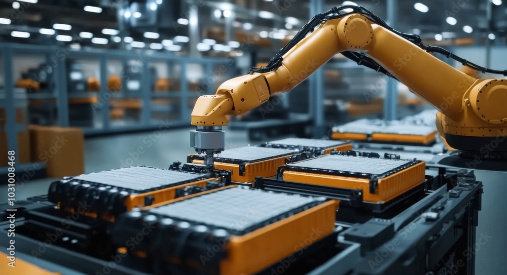 Poster automated factory robots efficiently assemble lithium and sodium batteries for electric vehicles.