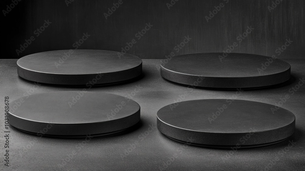 Aufkleber four circular platforms are positioned in an orderly manner on a dark textured surface. the platform