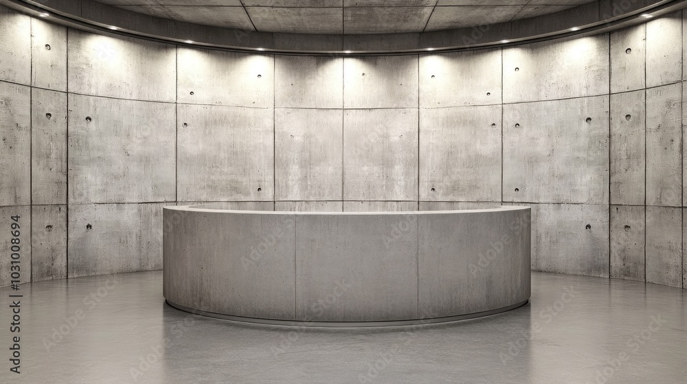 Poster a sleek, minimalist reception area showcases a curved concrete desk illuminated by soft lighting. th