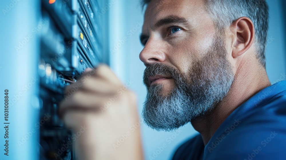 Poster electrician fixing wires in a control panel, representing the essential role of technical skills in 