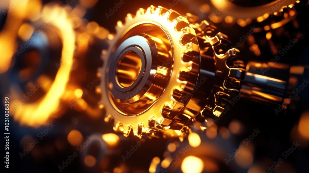 Poster the intricate details of golden gears are illuminated by warm lighting, showcasing their mechanical 