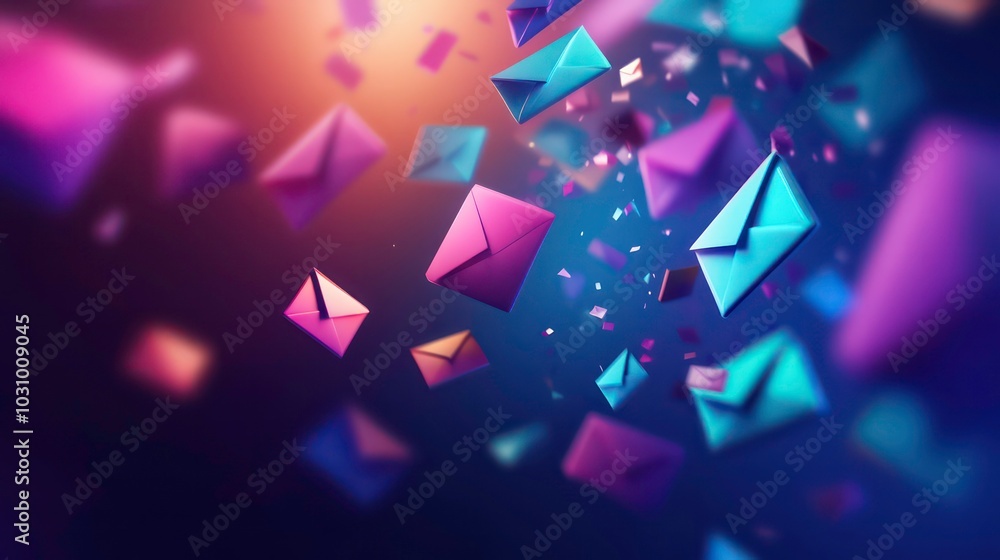 Wall mural colorful 3d email envelopes floating against a blue and orange gradient background.