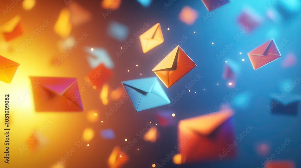 Poster abstract 3d illustration of colorful envelopes floating in the air, representing communication and d