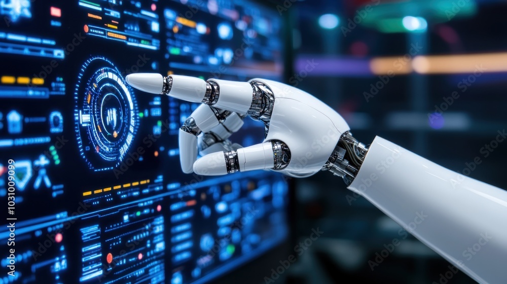 Poster a robotic hand reaches out to interact with a glowing, intricate display showcasing data and informa