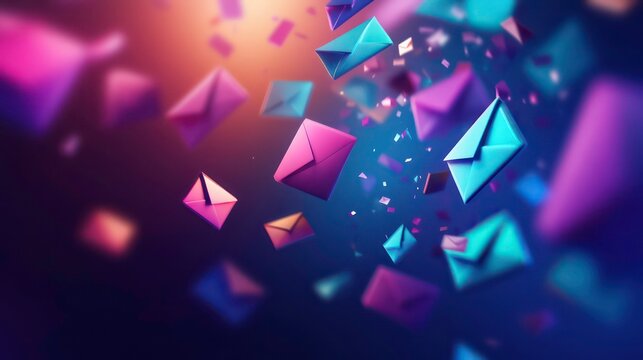 Colorful 3D email envelopes floating against a blue and orange gradient background.
