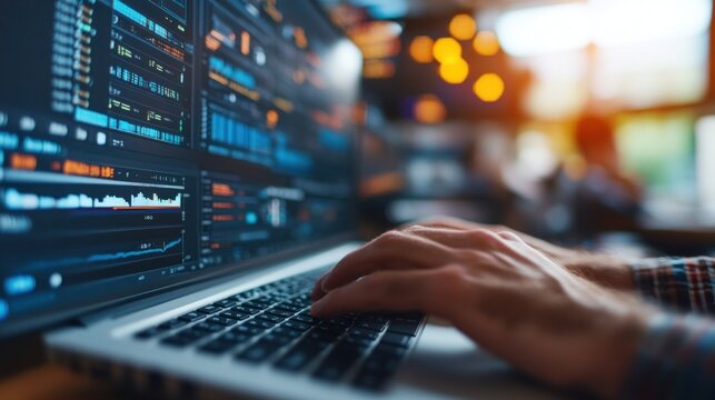 The individual is intently working on a laptop, reviewing graphs and data analytics in a contemporary office environment. Warm lighting creates a productive atmosphere for the task at hand