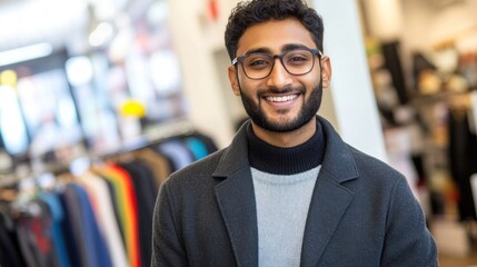 Obraz premium A young man with glasses and a beard smiles confidently indoors at a clothing store, surrounded by colorful apparel on racks, enjoying his shopping experience