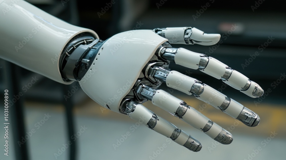Poster the robotic hand is captured in sharp detail, emphasizing its metal joints and mechanisms, revealing