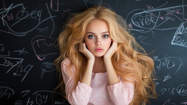 A young girl with long blonde hair sits thoughtfully, resting her chin on her hands, surrounded by a chalkboard covered in colorful chalk writings and doodles, deep in contemplation